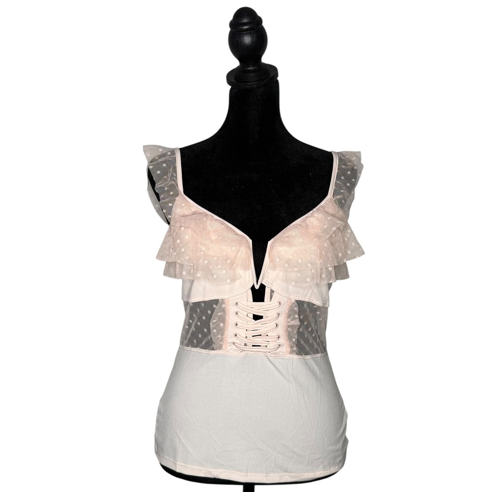 Pink Ruffle Lace Polka Dot Top‎ Corset Coquette Balletcore Fairy Romantic Size S